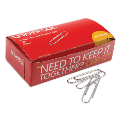 Universal™ Paper Clips, Jumbo, Nonskid, Silver, 100 Clips/Box, 10 Boxes/Pack