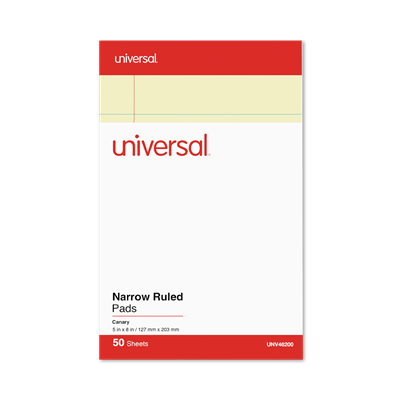 Universal™ Perforated Ruled Writing Pads, Narrow Rule, 50 Canary-Yellow 5 x 8 Sheets, Dozen