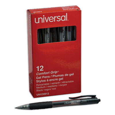Universal™ Comfort Grip Gel Pen, Retractable, Medium 0.7 mm, Black Ink, Smoke Barrel, Dozen