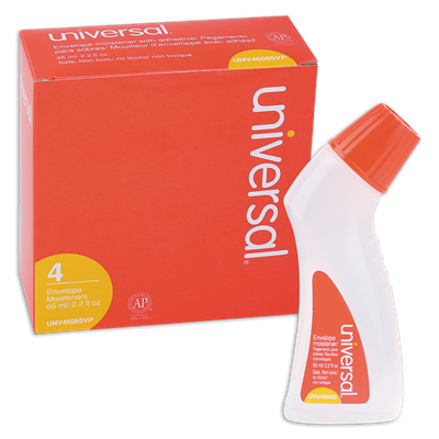 Universal™ Envelope Moistener with Adhesive, 2.2 oz Bottle, Clear, 4/Pack