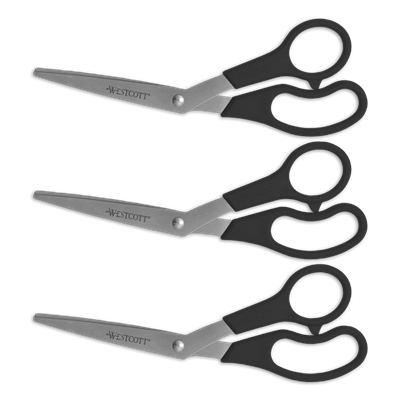 Westcott® Value Line Stainless Steel Shears, 8" Long, 3.5" Cut Length, Black Offset Handles, 3/Pack