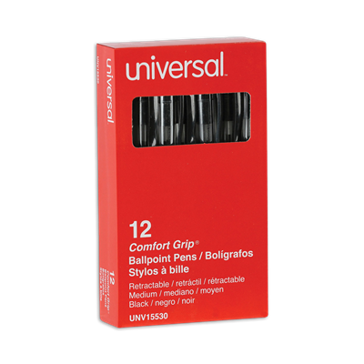 Universal™ Comfort Grip Ballpoint Pen, Retractable, Medium 1 mm, Black Ink, Clear Barrel, Dozen
