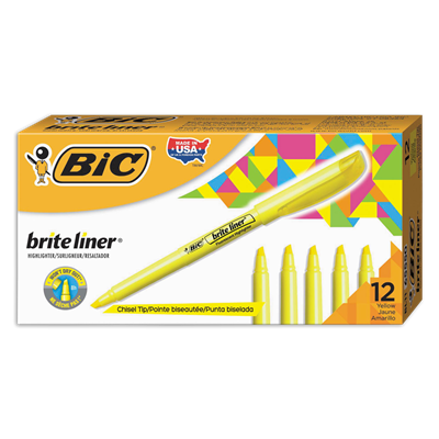 BIC® Brite Liner Highlighter, Fluorescent Yellow Ink, Chisel Tip, Yellow/Black Barrel, Dozen