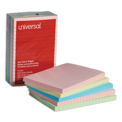 Universal™ Self-Stick Note Pads, 4" x 6", Assorted Pastel Colors, 100 Sheets/Pad, 5 Pads/Pack
