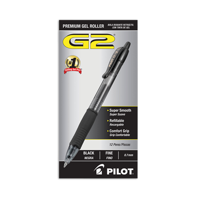 Pilot® G2 Premium Gel Pen, Retractable, Fine 0.7 mm, Black Ink, Smoke Barrel, Dozen