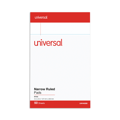 Universal™ Perforated Ruled Writing Pads, Narrow Rule, Red Headband, 50 White 5 x 8 Sheets, Dozen